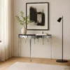Capri Sofa Console Table | 36.25" Half Moon Glass Top | Melting Drip Design | Aluminum Cast | Silver
