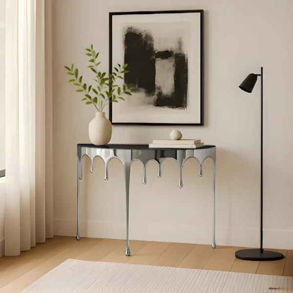Capri Sofa Console Table | 36.25" Half Moon Glass Top | Melting Drip Design | Aluminum Cast | Silver