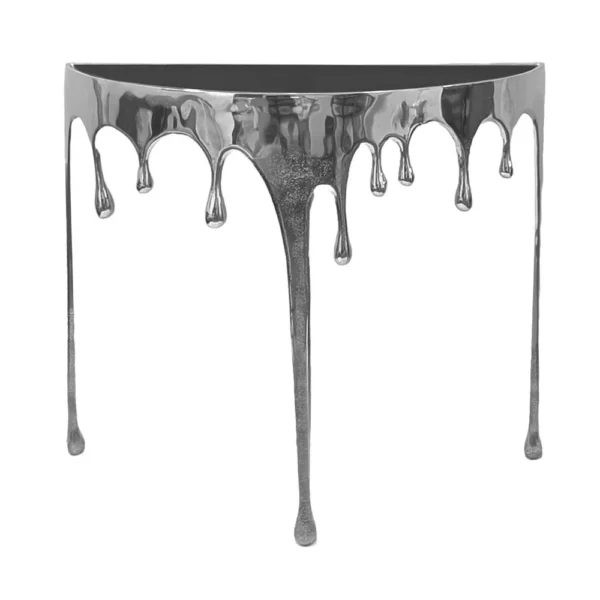 Capri Sofa Console Table | 36.25" Half Moon Glass Top | Melting Drip Design | Aluminum Cast | Silver