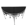 Capri Sofa Console Table | 36.25" Half Moon Glass Top | Melting Drip Design | Aluminum Cast | Silver