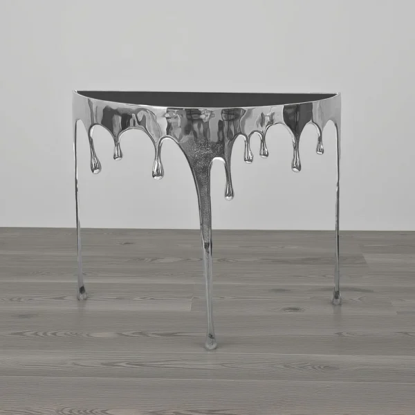 Capri Sofa Console Table | 36.25" Half Moon Glass Top | Melting Drip Design | Aluminum Cast | Silver
