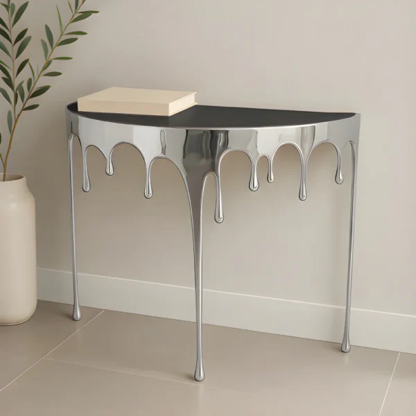 Capri Sofa Console Table | 36.25" Half Moon Glass Top | Melting Drip Design | Aluminum Cast | Silver