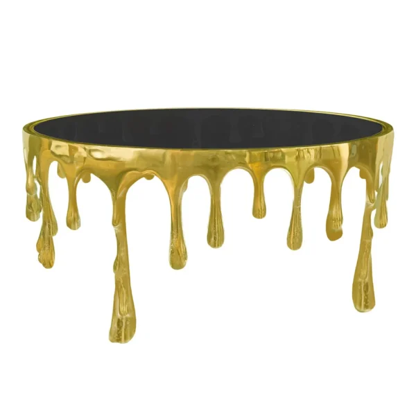 Capri Coffee Table | 36 Inch Round Glass Top | Melting Drip Design | Antique Gold