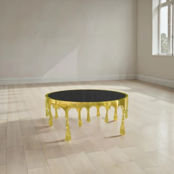 Capri Coffee Table | 36 Inch Round Glass Top | Melting Drip Design | Antique Gold