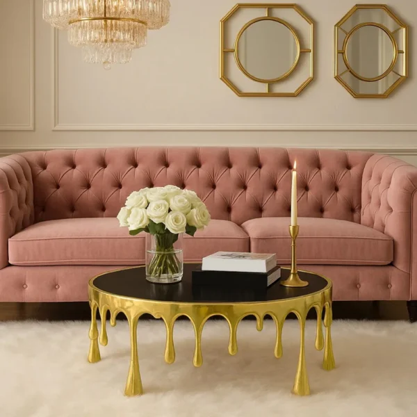 Capri Coffee Table | 36 Inch Round Glass Top | Melting Drip Design | Antique Gold