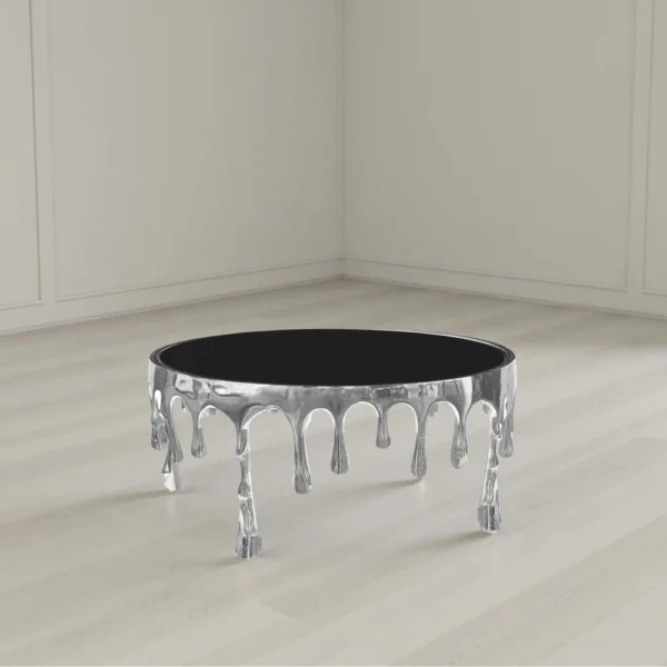UPT-332450_7 Capri Coffee Table | 36 Inch Round Glass Top | Melting Drip Design | Silver