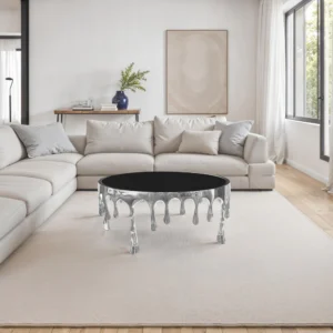 Capri Coffee Table | 36 Inch Round Glass Top | Melting Drip Design | Silver