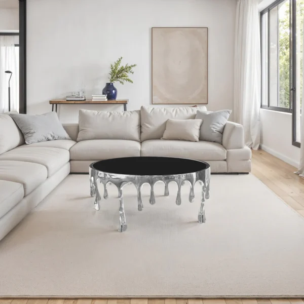 UPT-332450_9 Capri Coffee Table | 36 Inch Round Glass Top | Melting Drip Design | Silver