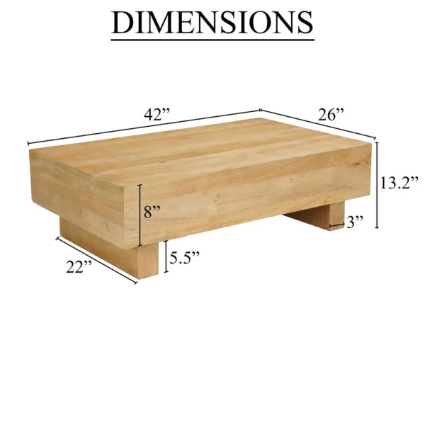 Elias Coffee Table | 42" Rectangular Top | Sandblasted Natural Brown Mango Wood | Wood Sustainably Harvested