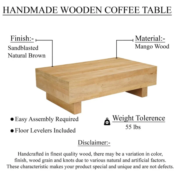 Elias Coffee Table | 42" Rectangular Top | Sandblasted Natural Brown Mango Wood | Wood Sustainably Harvested