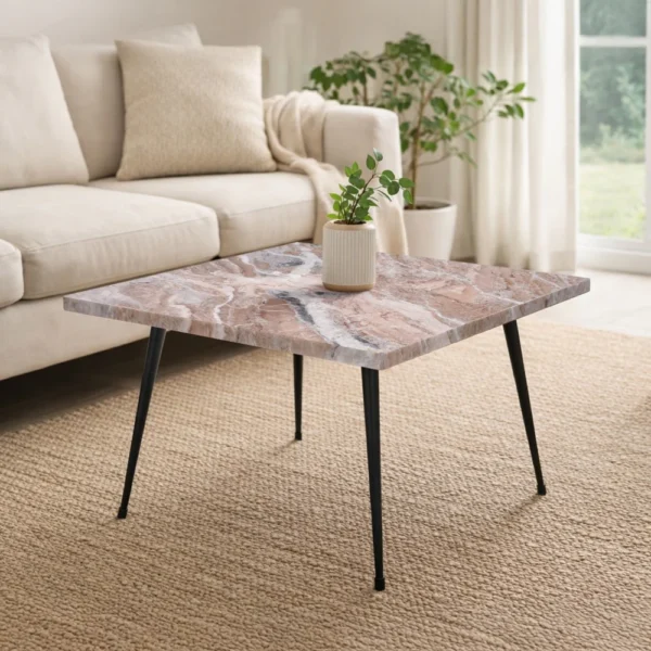 Taro Coffee Table | 24 Inch Square Taupe Brown Real Marble Top | Black Metal Legs