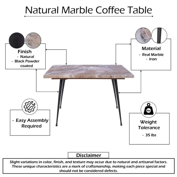 Taro Coffee Table | 24 Inch Square Taupe Brown Real Marble Top | Black Metal Legs