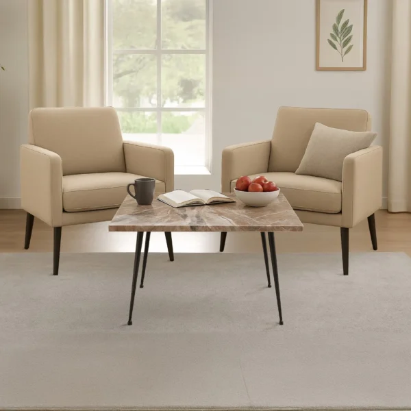 Taro Coffee Table | 24 Inch Square Taupe Brown Real Marble Top | Black Metal Legs