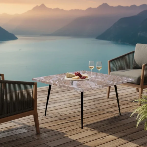 Taro Coffee Table | 24 Inch Square Taupe Brown Real Marble Top | Black Metal Legs