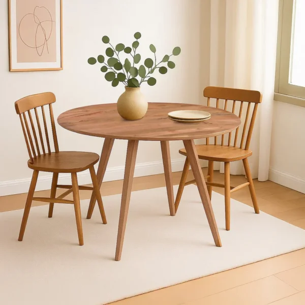 Temi Dining Table | 47" Round Top | Handmade Natural Brown Mango Wood | Angled Four Legged Base
