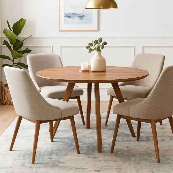 Temi Dining Table | 47" Round Top | Handmade Natural Brown Mango Wood | Angled Four Legged Base