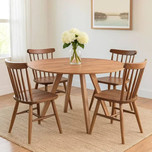 Temi Dining Table | 47" Round Top | Handmade Natural Brown Mango Wood | Angled Four Legged Base