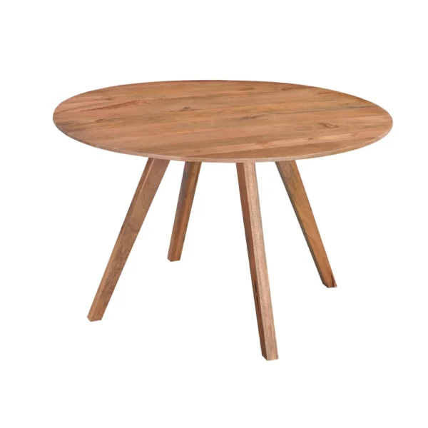 Temi Dining Table | 47" Round Top | Handmade Natural Brown Mango Wood | Angled Four Legged Base