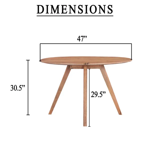 Temi Dining Table | 47" Round Top | Handmade Natural Brown Mango Wood | Angled Four Legged Base