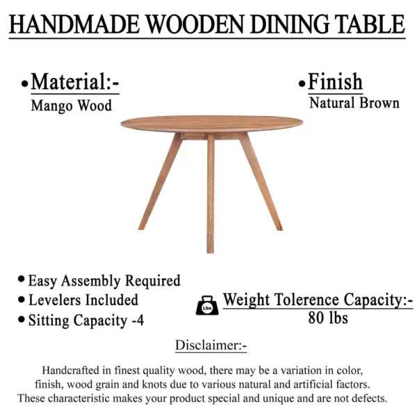 Temi Dining Table | 47" Round Top | Handmade Natural Brown Mango Wood | Angled Four Legged Base