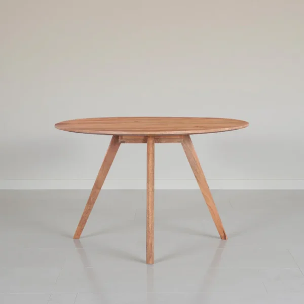 Temi Dining Table | 47" Round Top | Handmade Natural Brown Mango Wood | Angled Four Legged Base