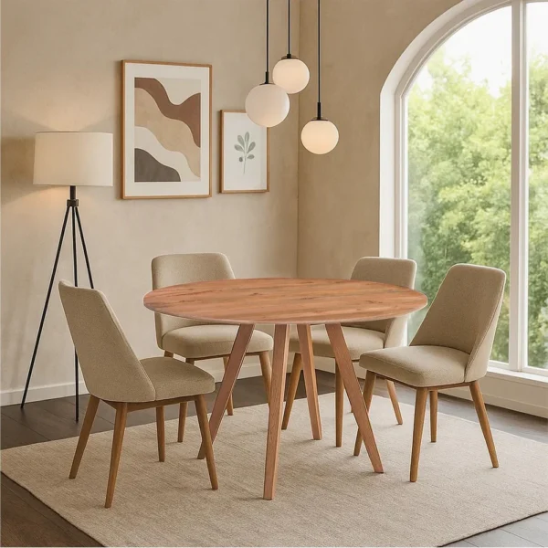 Temi Dining Table | 47" Round Top | Handmade Natural Brown Mango Wood | Angled Four Legged Base