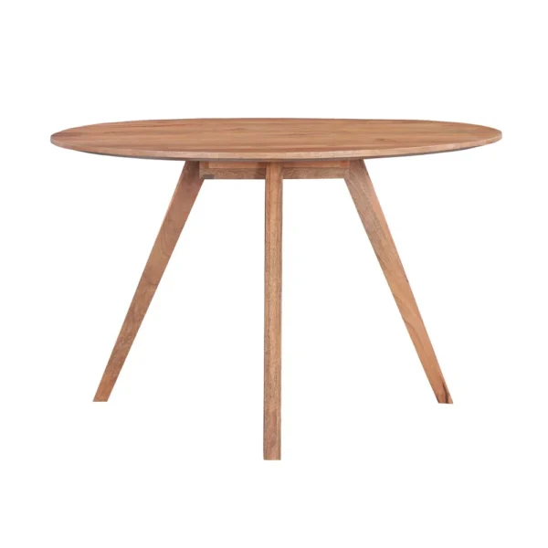 Temi Dining Table | 47" Round Top | Handmade Natural Brown Mango Wood | Angled Four Legged Base