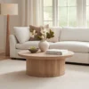 Bela Coffee Table | 47 Inch Round Top | Handcrafted Beige Mango Wood Pedestal Base