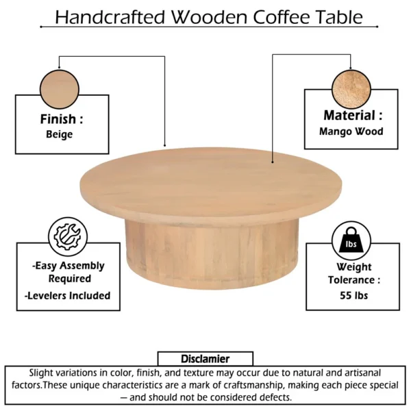 Bela Coffee Table | 47 Inch Round Top | Handcrafted Beige Mango Wood Pedestal Base