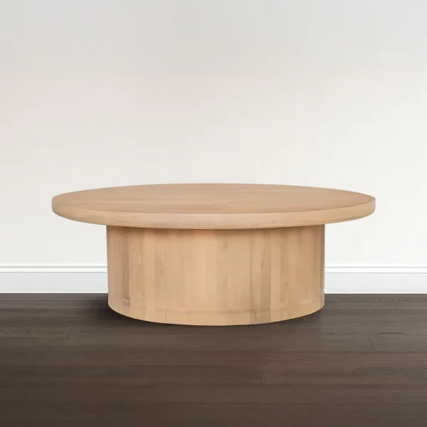 Bela Coffee Table | 47 Inch Round Top | Handcrafted Beige Mango Wood Pedestal Base