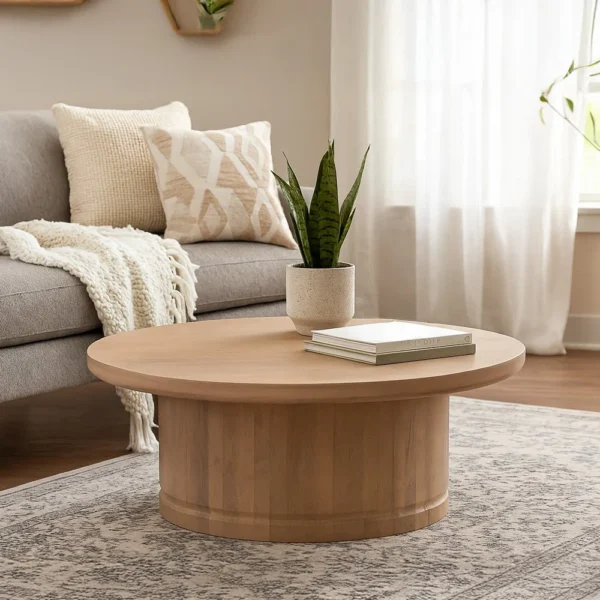 Bela Coffee Table | 47 Inch Round Top | Handcrafted Beige Mango Wood Pedestal Base