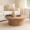 Bela Coffee Table | 47 Inch Round Top | Handcrafted Beige Mango Wood Pedestal Base
