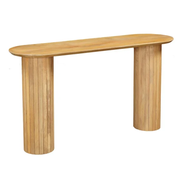 Cleo 54 Inch Sofa Console Table, Rounded Corners, Ribbed Pillar Legs, Golden Oak Brown Mango Wood