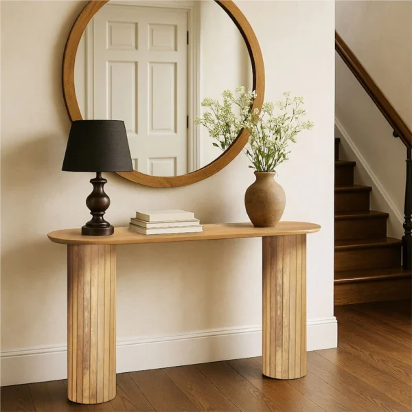 Cleo 54 Inch Sofa Console Table, Rounded Corners, Ribbed Pillar Legs, Golden Oak Brown Mango Wood