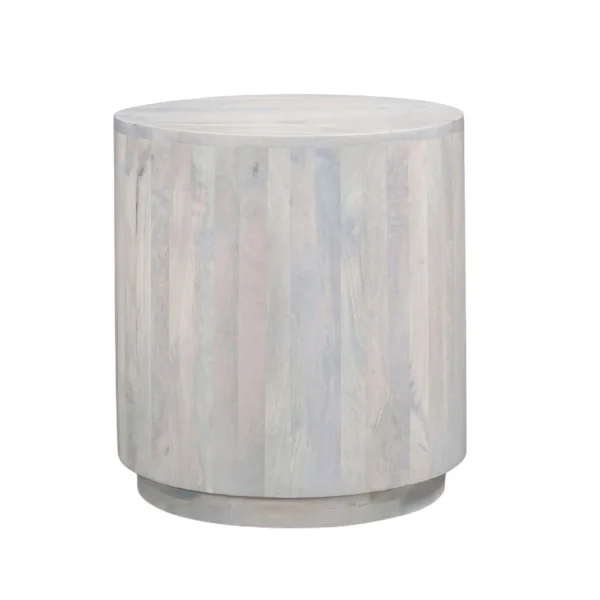 UPT-336462 Febe Side End Accent Table, 20 Inch Round Top, Cylindrical Plinth Base, Oak White Mango Wood