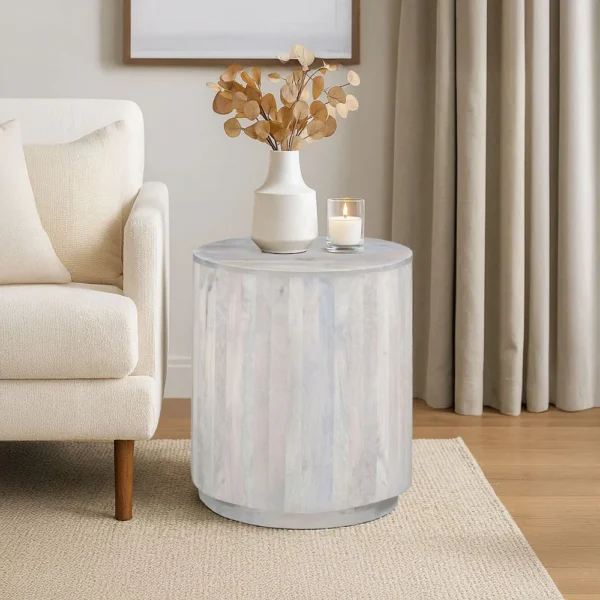 UPT-336462_7 Febe Side End Accent Table, 20 Inch Round Top, Cylindrical Plinth Base, Oak White Mango Wood