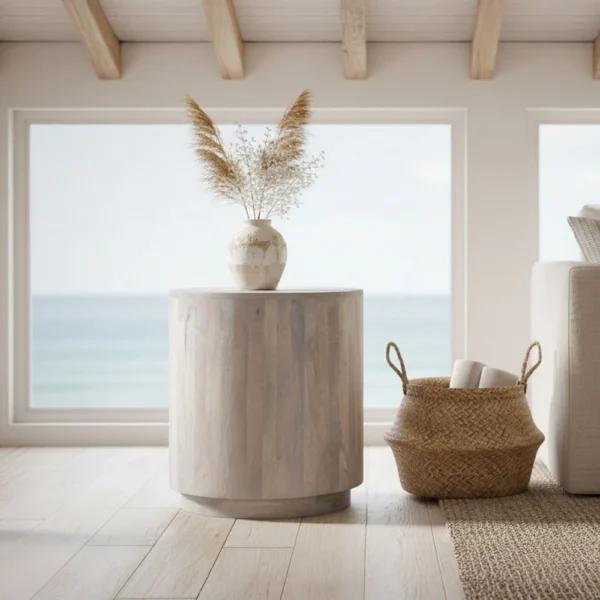 UPT-336462_8 Febe Side End Accent Table, 20 Inch Round Top, Cylindrical Plinth Base, Oak White Mango Wood