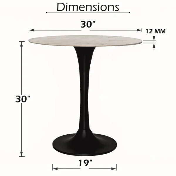 Mara Dining Table | 30 Inch Round White Genuine Marble Top | Black Metal Tulip Pedestal Base