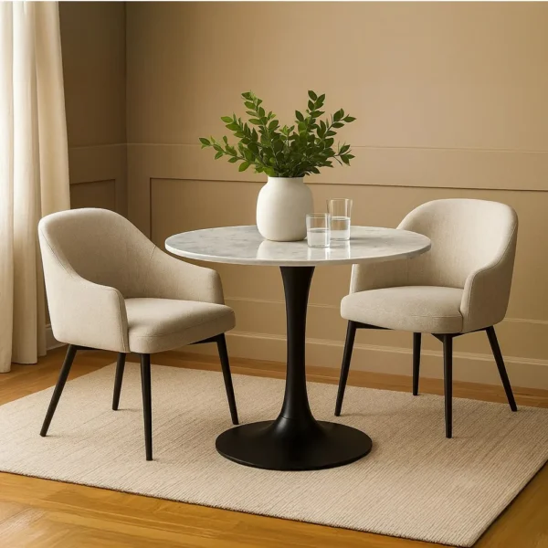 Mara Dining Table | 30 Inch Round White Genuine Marble Top | Black Metal Tulip Pedestal Base