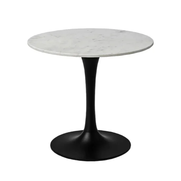 Mara Dining Table | 30 Inch Round White Genuine Marble Top | Black Metal Tulip Pedestal Base