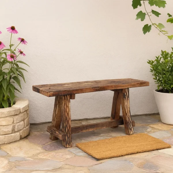 Wooden Garden Patio Bench With Retro Etching, Cappuccino Brown