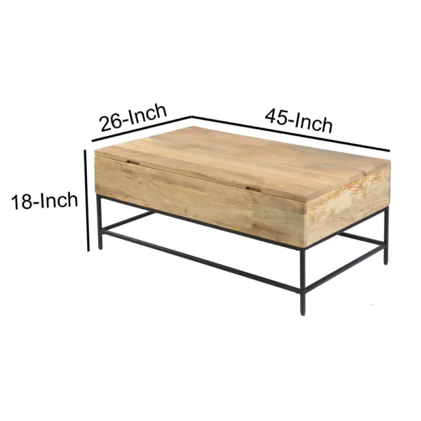Audrey 45 Inch Handcrafted Mango Wood Coffee Table, Lift Top, Grain Details, Natural Brown, Black