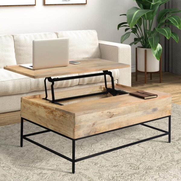 Audrey 45 Inch Handcrafted Mango Wood Coffee Table, Lift Top, Grain Details, Natural Brown, Black