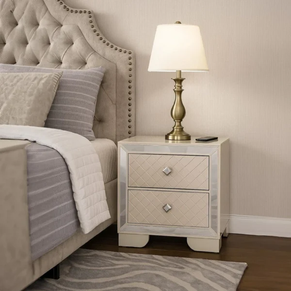 Athon Nightstand with 2 Drawers, Built-In Charging Port, Ivory Wood