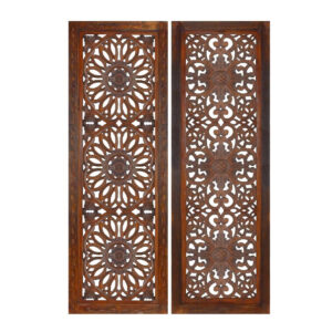 Set of 2 Hand Carved Mango Wood Wall Panels: Burnt Brown Medallion Design
