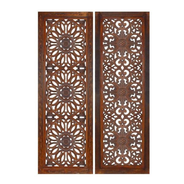 1003202669afddd78613d.jpeg Set of 2 Hand Carved Mango Wood Wall Panels: Burnt Brown Medallion Design