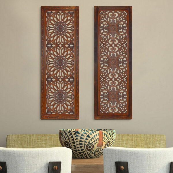 1003202669afdddf02b6c.jpeg Set of 2 Hand Carved Mango Wood Wall Panels: Burnt Brown Medallion Design