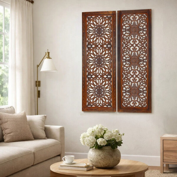 1003202669afdde09365e.jpeg Set of 2 Hand Carved Mango Wood Wall Panels: Burnt Brown Medallion Design
