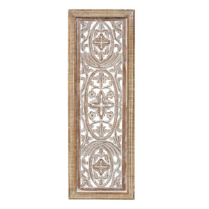 Rectangular Mango Wood Wall Panel Hand Crafted With Intricate Carving, White and Brown