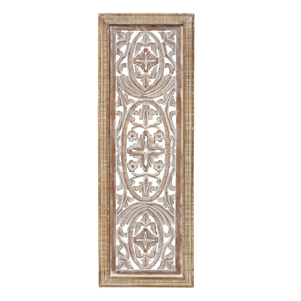 Rectangular Mango Wood Wall Panel Hand Crafted With Intricate Carving, White and Brown